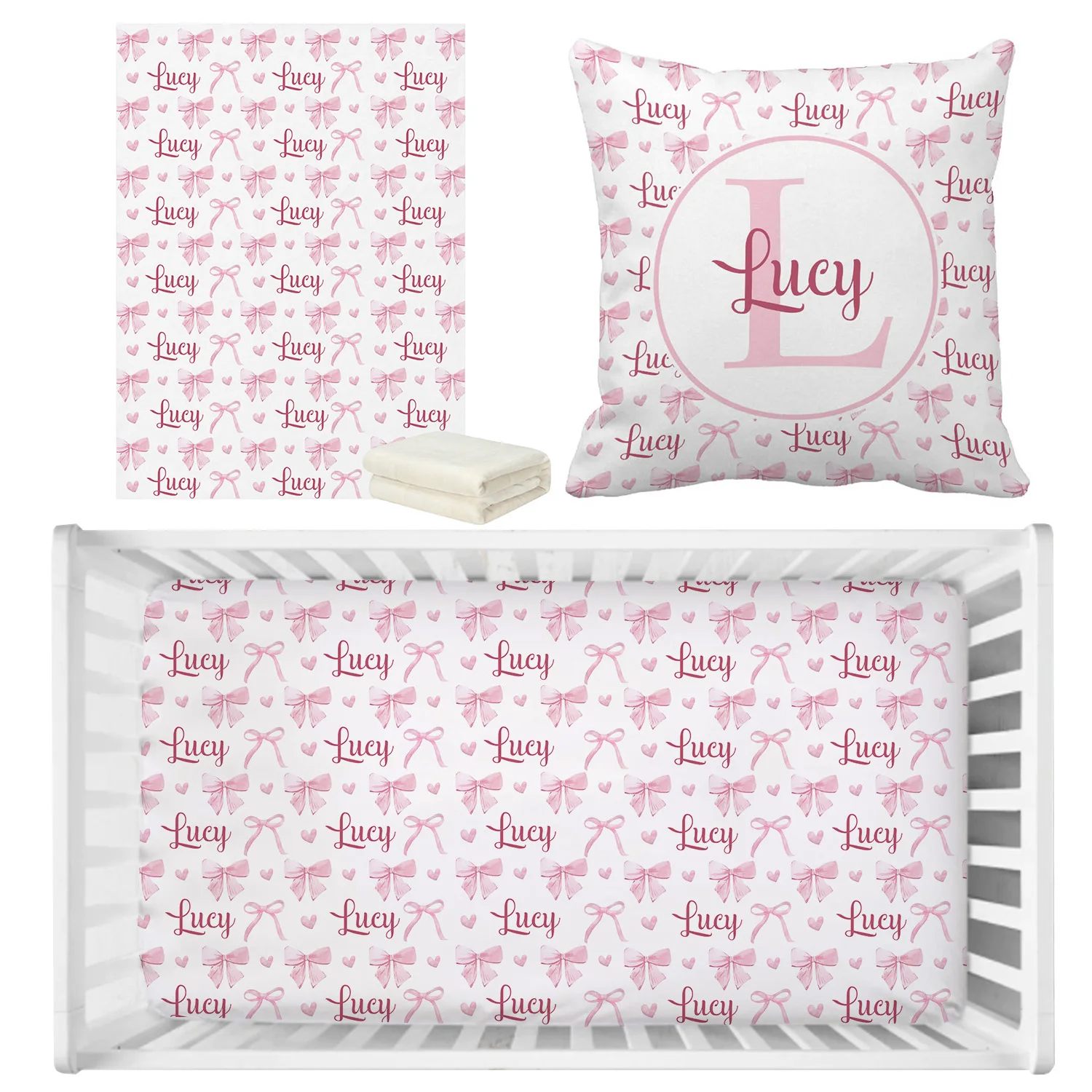 LVYZIHO Custom Name Pink Bow Crib Bedding Set Girl, Baby Blanket, Baby Crib Sheet, Baby Pillowcase