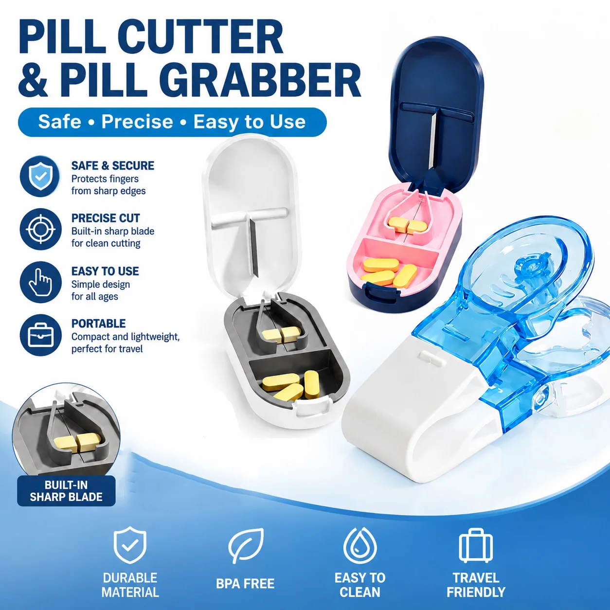 Pill cutter and pill remover clip combination packaging, precision pill separator with sharp blade hygienic pill picker