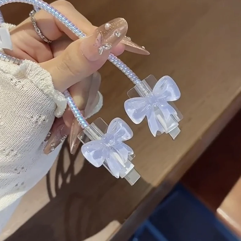 Shiny Blue Glitter Bow Charger Sleeve, 18W 20W Fast Charging Head Case, Cable Spiral Cord Protector for iPhone Charger