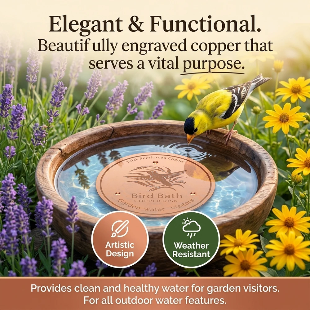 Engraved Copper Bird Bath Disk for Garden Water Features, Weather Resistant Hummingbird Feeder Accessory, Artistic