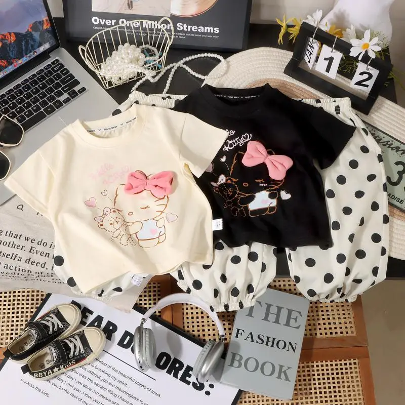 

Горячий хлопковый пижамный комплект Sanrio Girl Hello Kitty Kawaii, модная летняя футболка с аниме, шорты, комплект из 2 предметов, детская одежда для отдыха, новинка