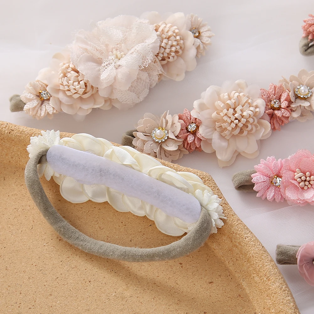 3Pcs/Set Artificial Flower Baby Headbands Girls Rhinstone Nylon Hair Bands Kids Mini Ins Photography Props Kids Fashion Headwear