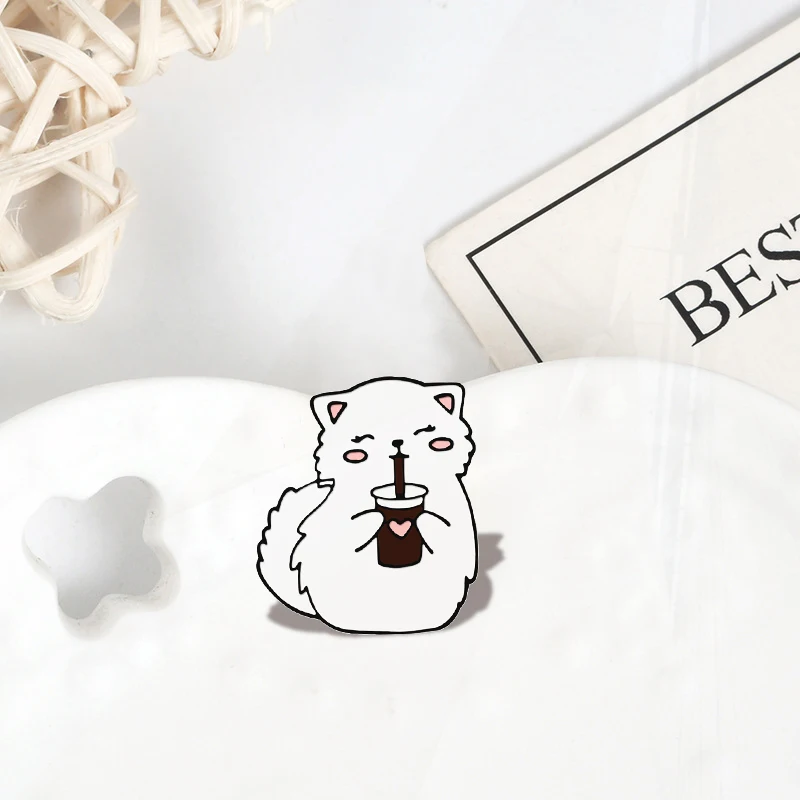 Juice with Straw Lapel Pins Cartoon Animal Badge Jewelry Gift for Friends Cute White Fat Cat Enamel Pin Happy Mew Mew Drinking