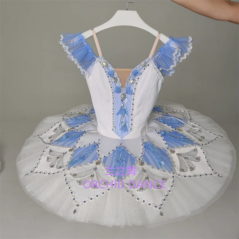 Womens Blue Edge Flutter Sleeve V Neck Ballet Tutu Performance Dress Blue Butterfly Rhinestone Patch Eight Petal Geometric Trim