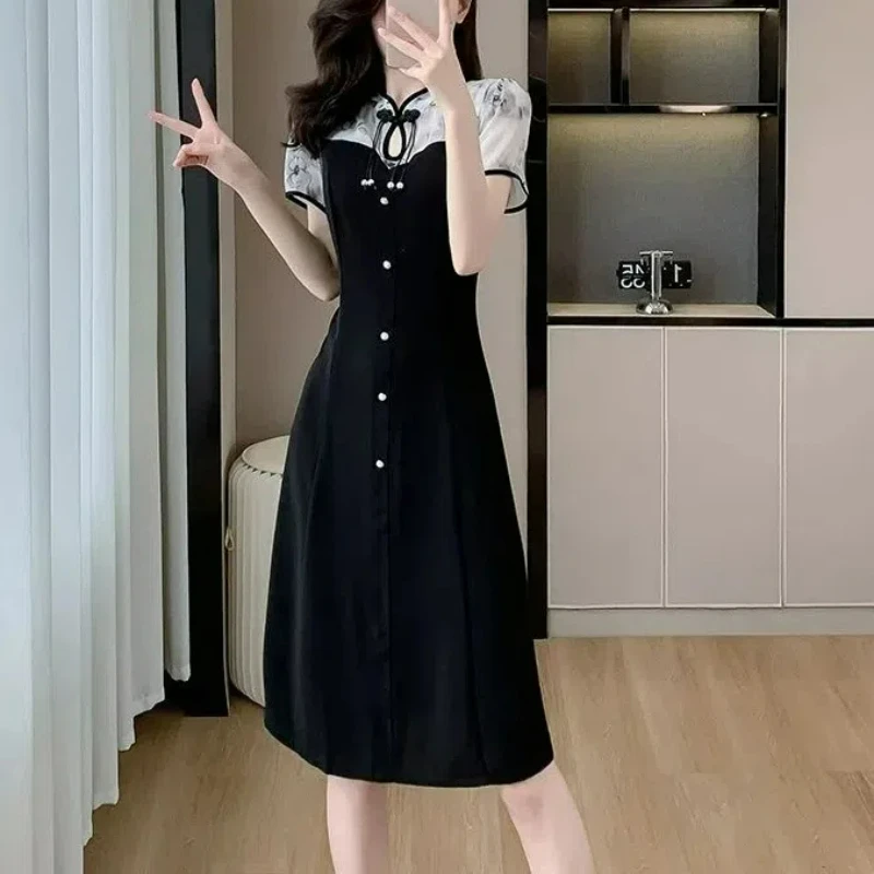 Fashion Temperament Elegant Chinese Style Cheongsam Dress Short Sleeved Print Patchwork Stand Neck Button Summer A-line Dresses