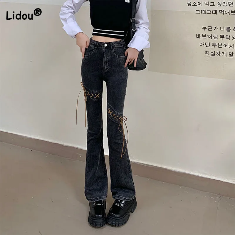 

Korean Chic High Waist Slim Bandage Spliced Flare Pants Women's Clothing Casual High Street Button Denim Trousers for Female