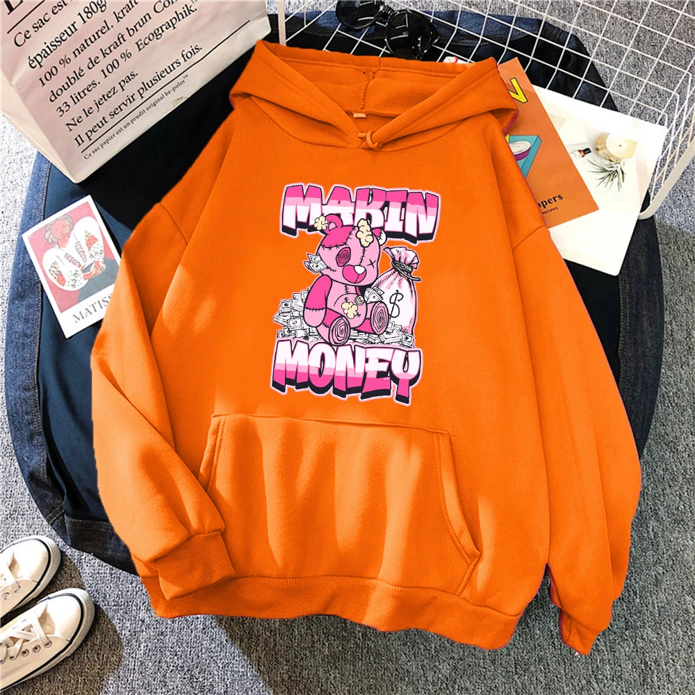 Making Money Pink Mending Bear  Prints Women Hoodies Fleece Soft Hoody Hip Hop Fashion Top Casual All-Match Unisex Pullovers