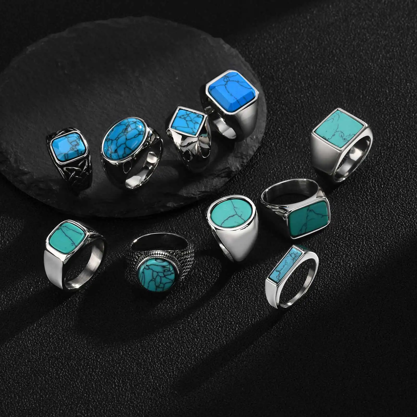 Vnox Herren-Siegelring mit Türkis-Stein, Retro Edelstahl Quadratischer Ovaler Fingerring, Western Vintage Punk Schmuck Geschenk für Männer – Detail 9
