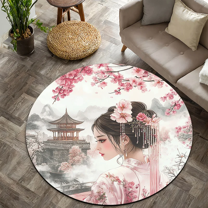 Cherry Blossom Ladies Theme Flannel-printed round floor mats are slip-resistant Suitable for living room terrace garden carpets