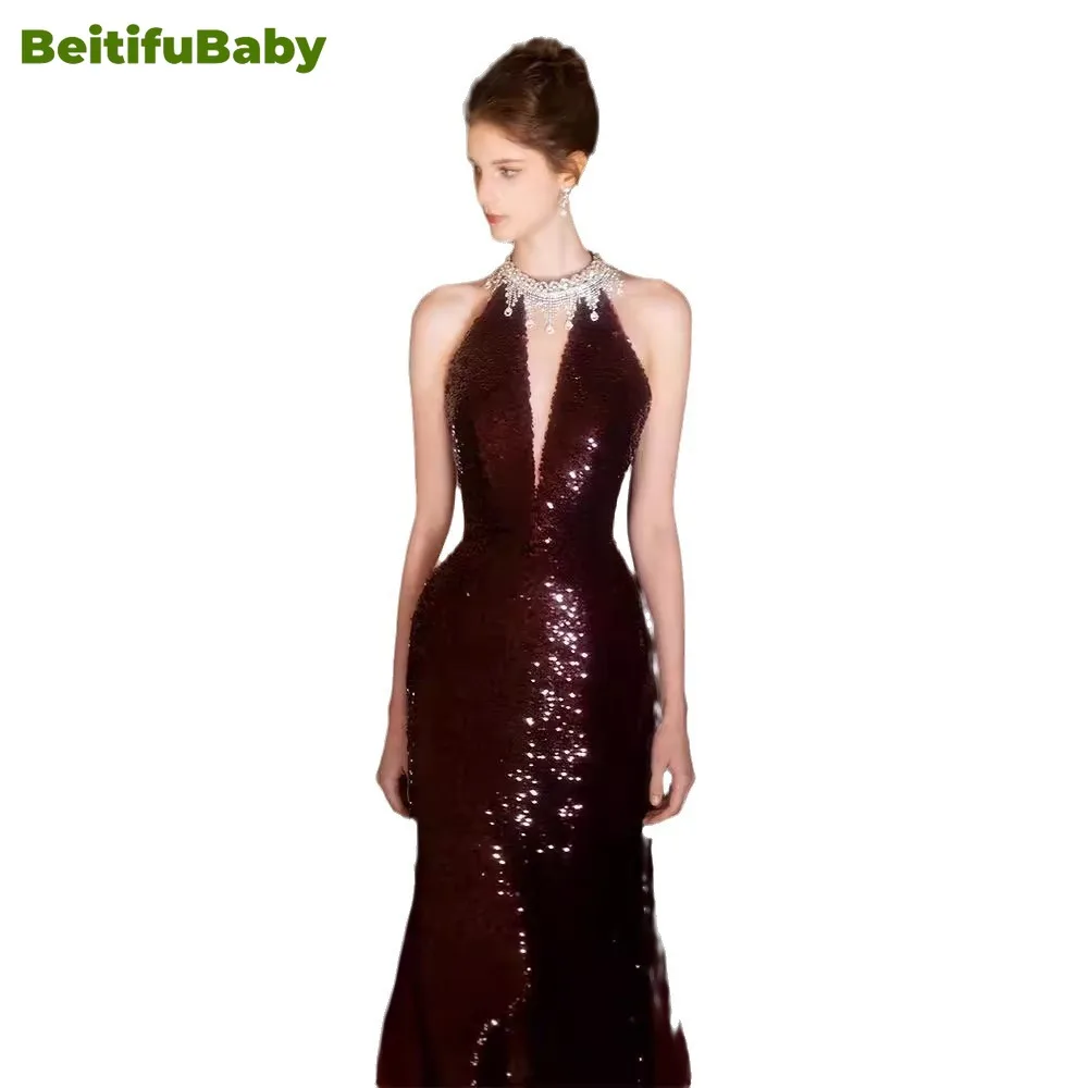 BeitifuBaby Palace Style Evening Dress for Women Vestidos Elegantes Long Neckline Heavy Industry Fishtail Banquet Gown Dresses