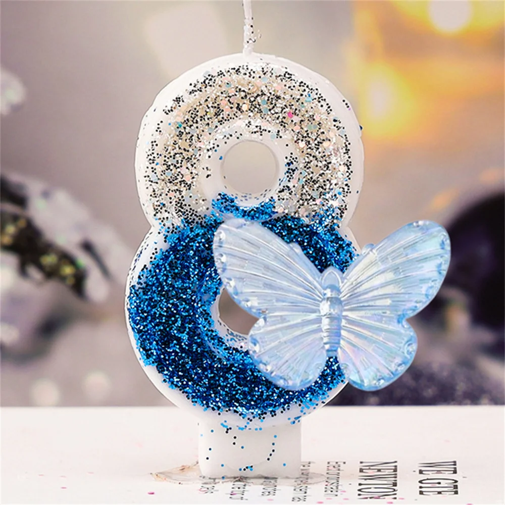 Blue Butterfly Happy Birthday Digital Candle Children's Party Cartoon Birthday Candle Sparkle Silver Blue Wedding Candle Adult