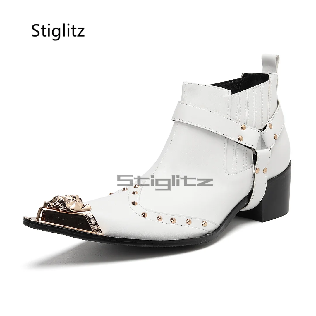 Men's White High Heels Chelsea Boots Metal Pointed Toe Rivet Genuine Leather Ankle Boots Autumn Winter Business Party Shoes