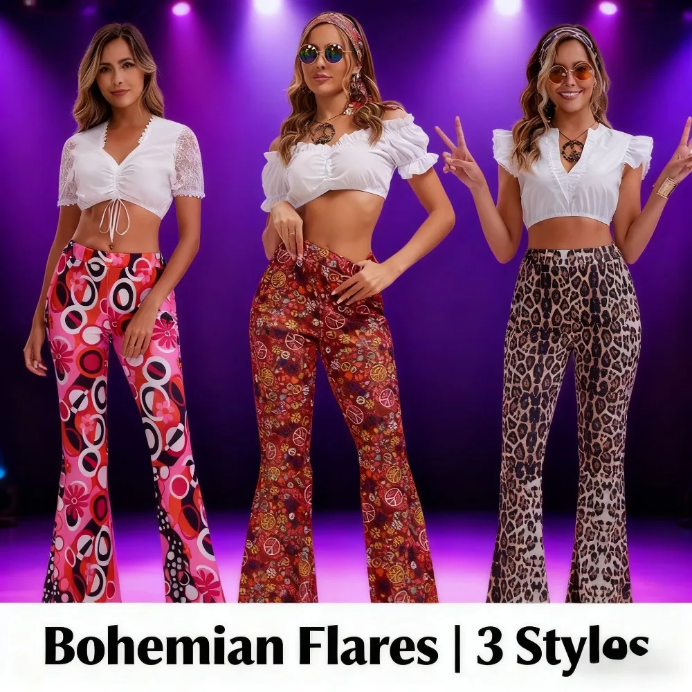 Conjunto de estilo hippie para mujer, pantalones acampanados de pierna ancha con estampado de colores en contraste y pañuelo para la cabeza