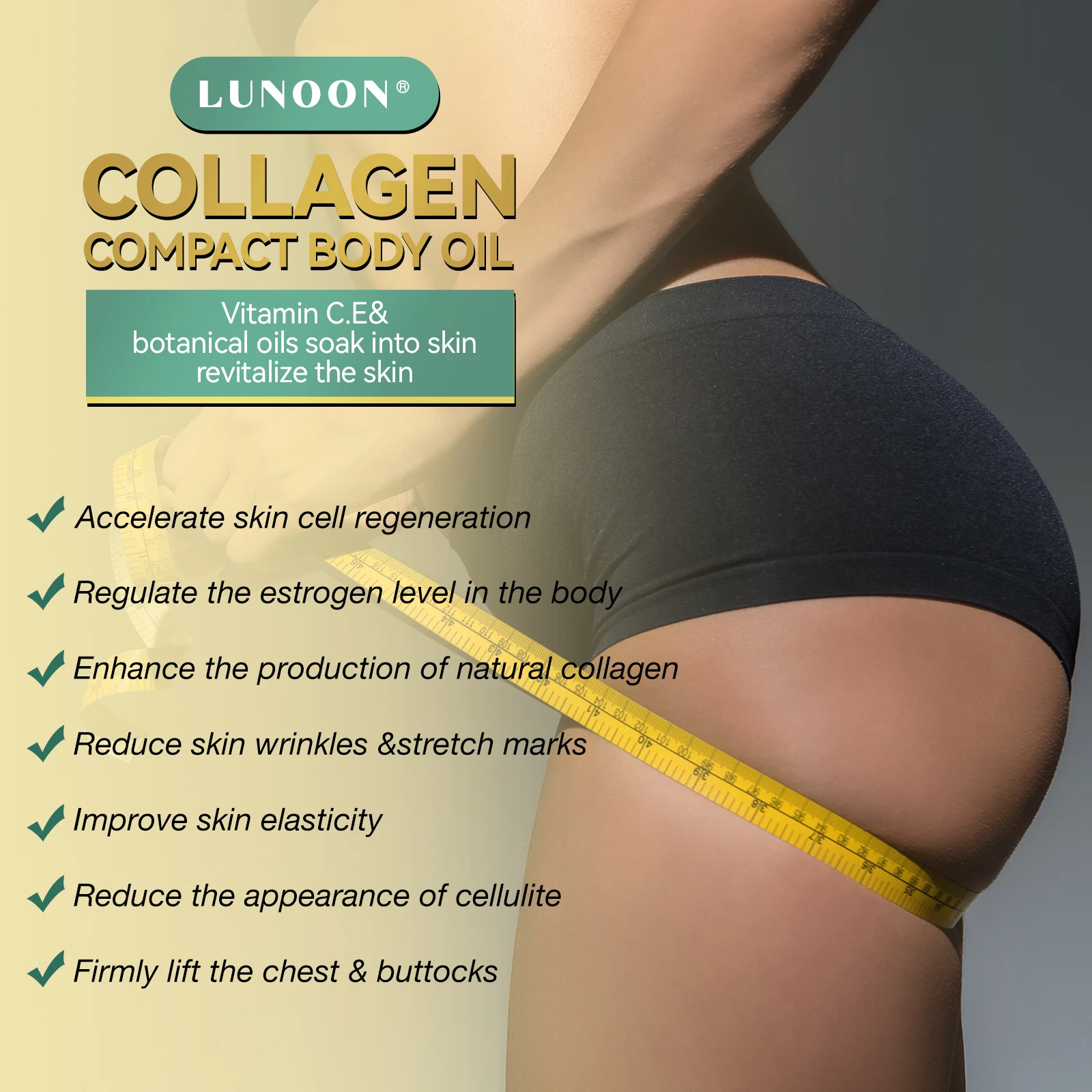

LUNOON Collagen Компактное масло для тела 30 мл Укрепляющее кожу Уменьшает тонкие линии Лифтинг груди и ягодиц Восстанавливает эластичность Красота Масло для тела