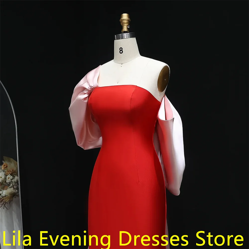 

Элегантное красное атласное коктейльное платье по индивидуальному заказу, нежное платье без бретелек с рукавами-бабочками контрастного цвета, русалка на молнии сзади, Vestido De