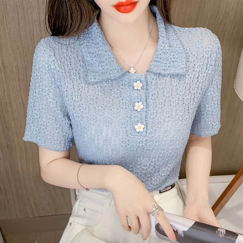 Floral Crochet Hollow Out Lace Shirt Women Summer Short Sleeve Top Loose Fit Slimming Collar Blouse New Arrival