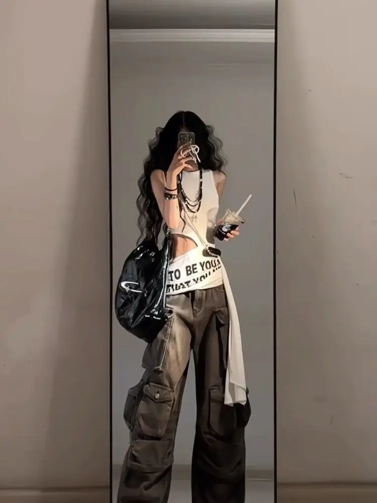 

Gothic Vintage Harajuku Letter Print Tank Top Irregular Hollow Out T-shirt Fairy Grunge Women Tops Aesthetic T-shirt Summer Tees