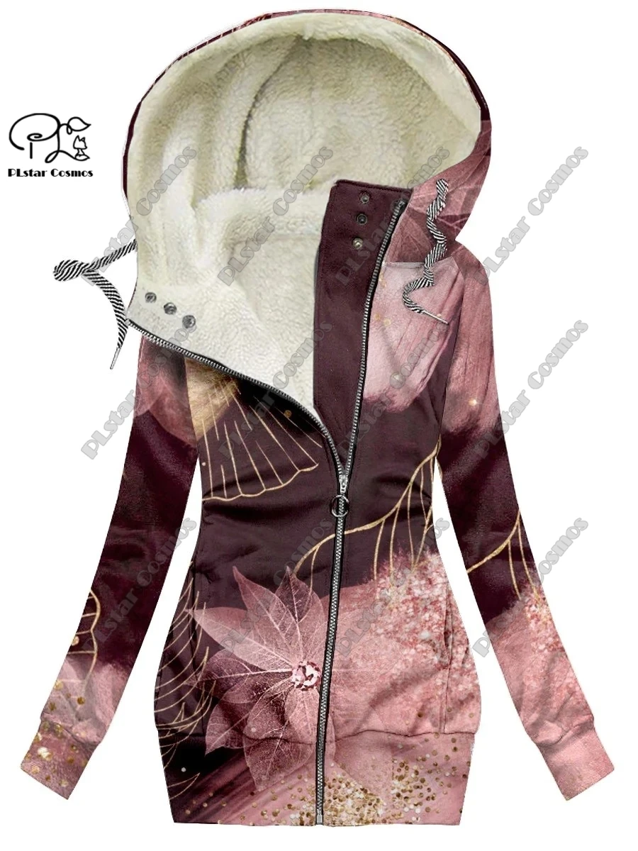 New 3D printed flower series flower skull pattern velvet warm women's long zipper hoodie jacket commuting casual winter H-3