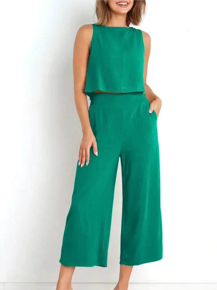 

Women's 2 Piece Set Female Fashion Solid Color Sleeveless Casual Simple Retro Wide Leg Long Pants Pocket Women's Suit Summer New
