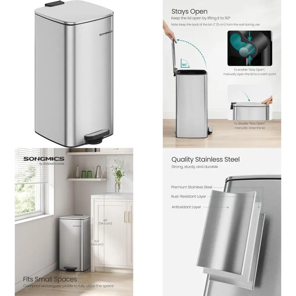 

Stainless Steel 8-Gallon Kitchen Trash Can with Inner Bucket, Soft Close, Stays Open Feature, and Long-Lasting Durability
