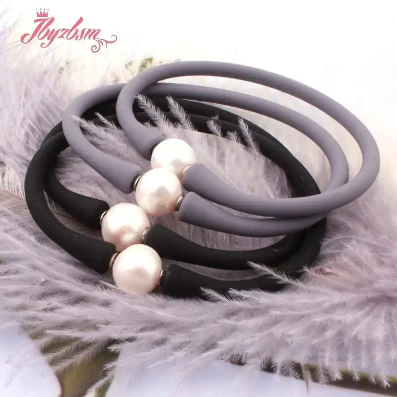 

10mm Round 100% Freshwater Pearl Silicone Bracelet Casual Waterproof for Women Men Yoga Gift Powerful Bangle Bracelet 1 Pcs