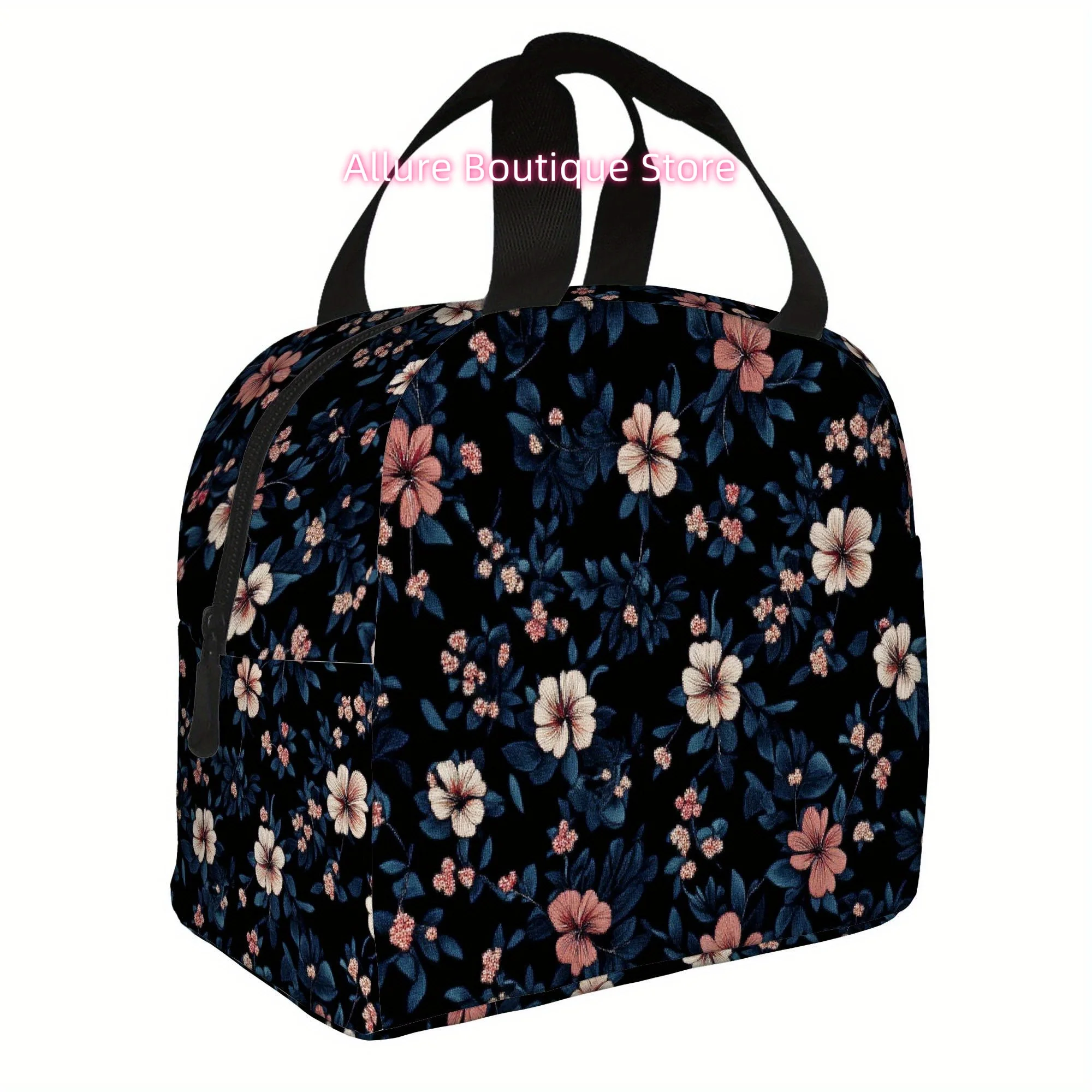 1pc, Floral Pattern on Dark Background, Printed Thermal Bag, Insulated Bag, No Food Contact, Suitable for Home, Restaurant, Offi