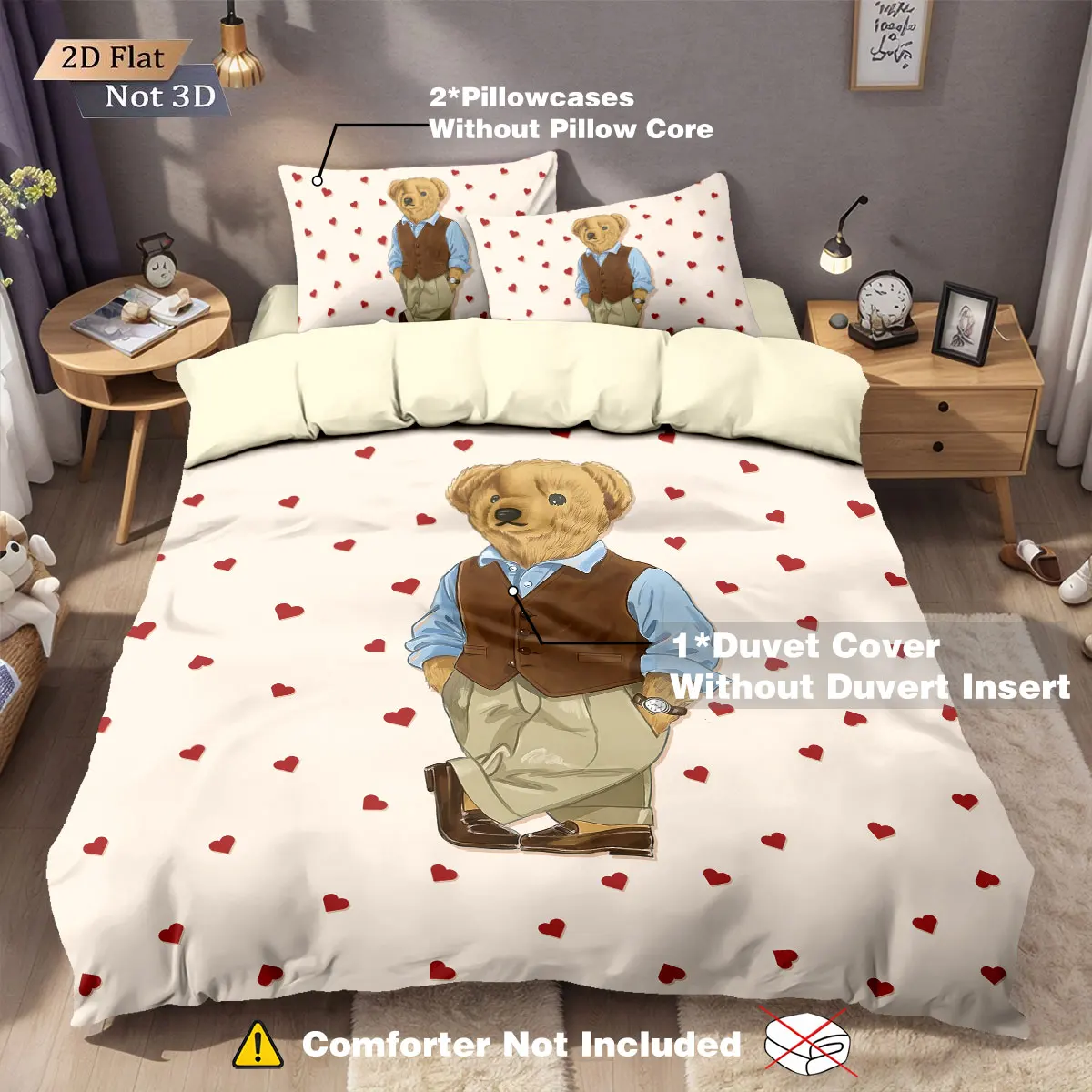 3pcs Cute Doll Bear Printed Core Free Down Duvet Cover Set, Multi Size Bedding Decoration Bedrooms Dormitories Machine Washable