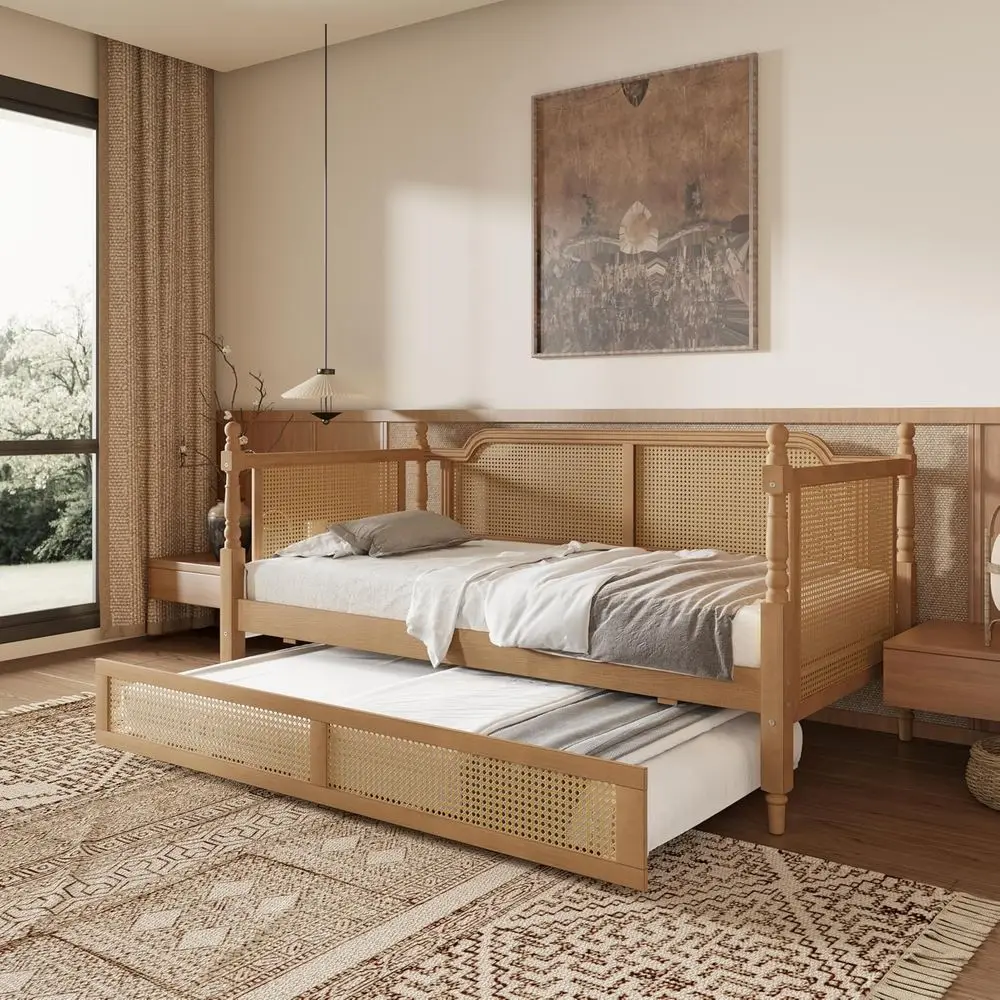 MeTwin Size Wood Bede Daybed, Rattan Bed e with Twin Size Trundle or Bedroom, Gt Room, Limited Space, No Box Spring Needed, Anti