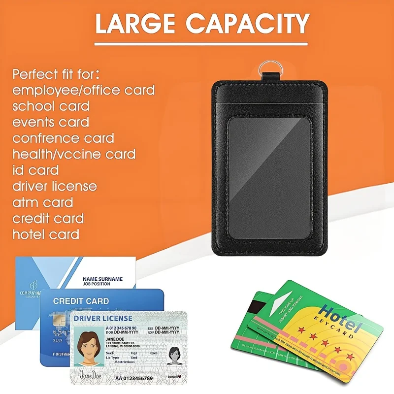 Classic black ID card holder with lanyard，BeltpuLeather ID card holder，Suitable for work ID cards/Exhibition badge/Student ID ca - view 6