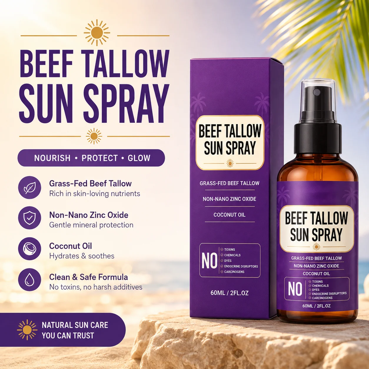 Beef Tallow Sunscreen Spray Long Lasting Moisturizing Facial Body Sun Protection Fine Mist Everyday Outdoor Routines Sunscreen