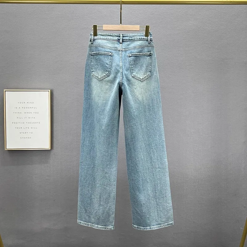 Fashion Women Blue Jeans High Waist Diamond Studded Straight Denim Pants Spring Summer Female Chic Trousers