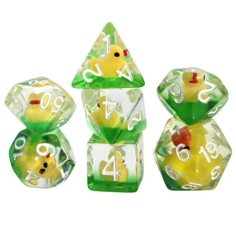 (Ce14)7Pcs Acrylic Polyhedral Dice Set With Duck Pattern D6 D8 D10 D12 D20 For DND RPG Tabletop Roleplaying Game Accessories