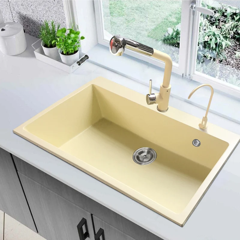 

Goose yellow quartz stone large single slot kitchen colored vegetable wash basin sink custom granite