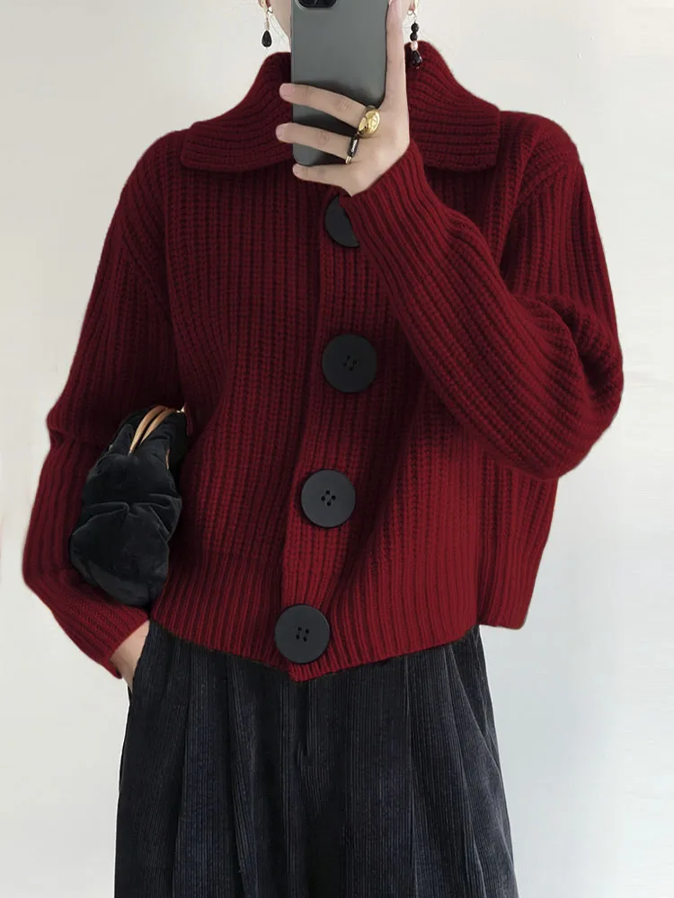 

Vintage Casual Chic Button Up Cardigan Women Autumn And Winter Lapel Design Style Long Sleeve Oversized Knitted Basic Loose Swea