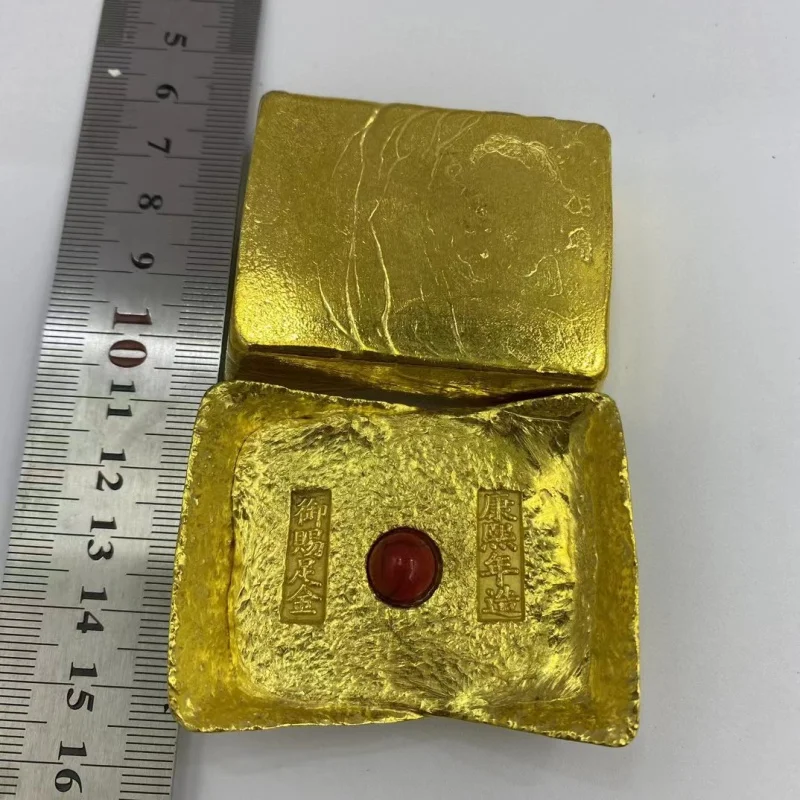 Antique Copper Gilt Gold Ingot Collection Qing Dynasty Five Emperors Inlaid Gem Square Gold Ingot Object