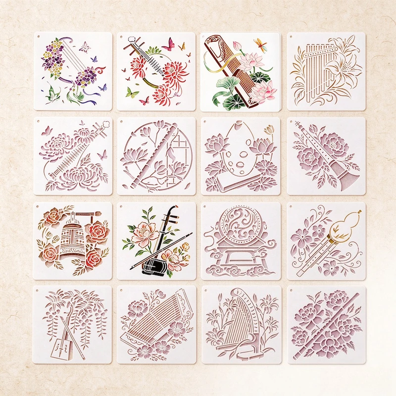 Chinese Traditional Folk Musical Instruments PET Stencil Set, Reusable Hollow Painting Templates for DIY Art, Handmade Craft