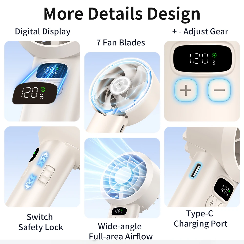 5 Speeds Handheld Fan, LED Display, Rechargeable, Portable, Quiet Powerful, 2-in-1 Handheld & Desktop USB Fan for Travel Office