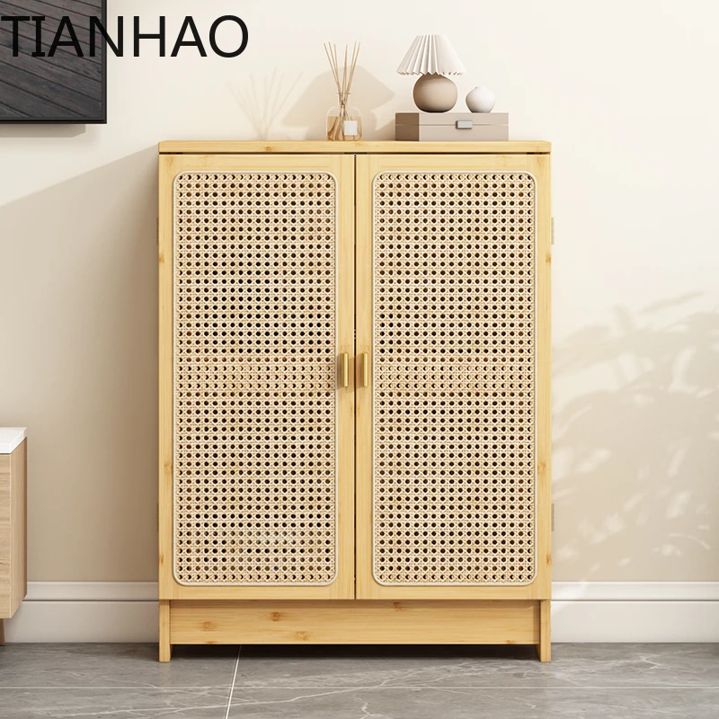 Modern WiFi Router Storage Cabinet Rattan Woven Living Room Cabinet for Set-top Box Minimalist Cable Organizer with Ventilation