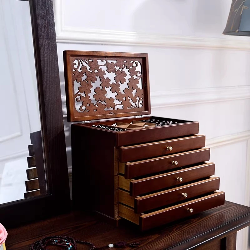 

Деревянная многослойная шкатулка для украшений из орехового дерева для женщин, винтажный футляр для хранения колец, декор для туалетного столика, подарок для нее