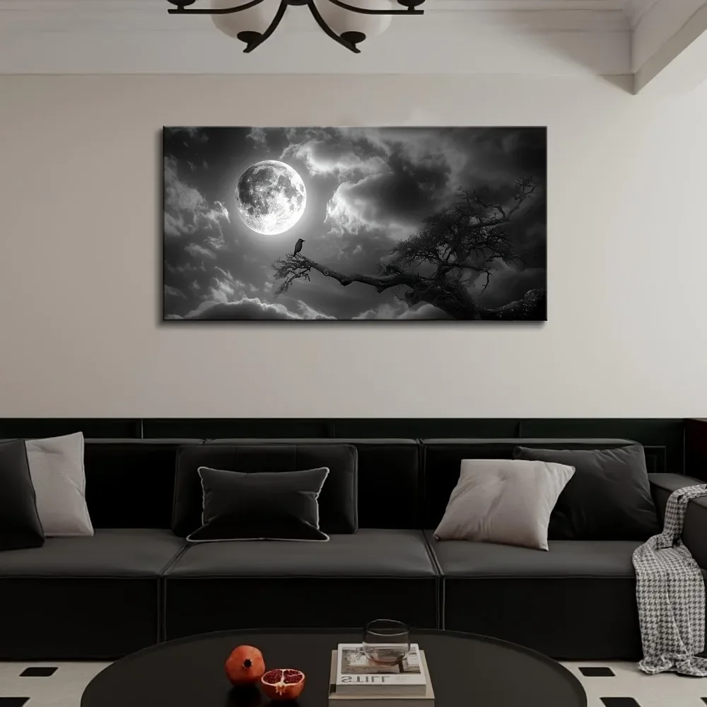 

1.5 inch thick pine solid wood frame, black and white full moon decoration, night landscape art printing, interior decoration