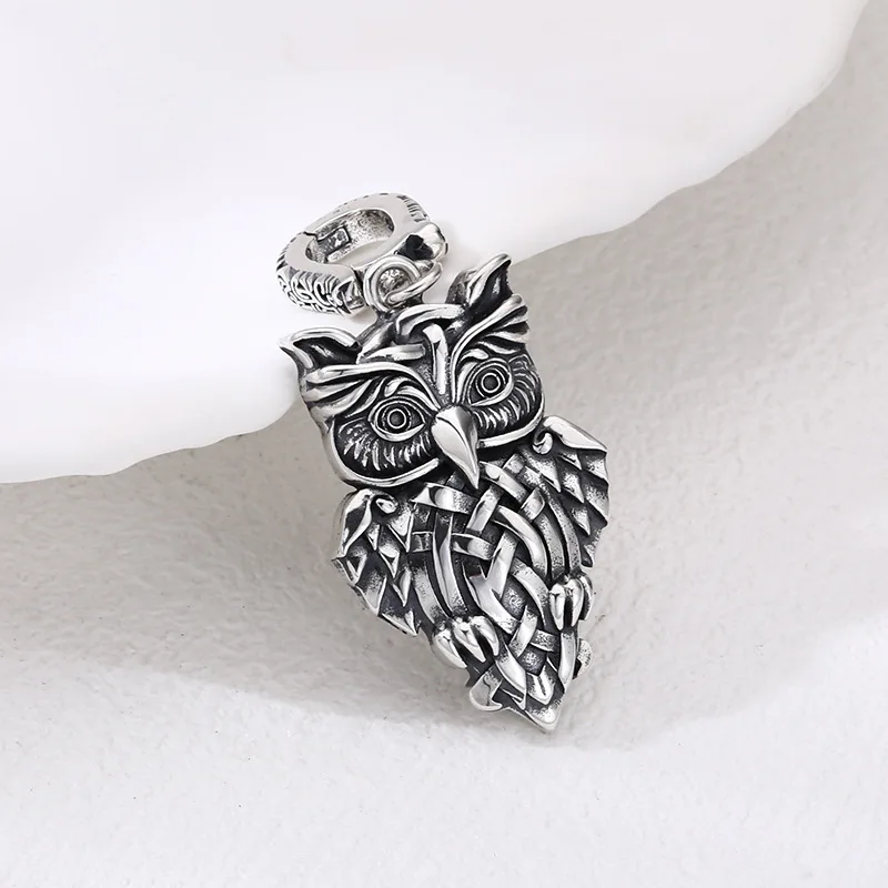 

S925 Sterling Silver Owl Pendant Black Color Old Process Animal Unisex Fine Jewelry FYNE358