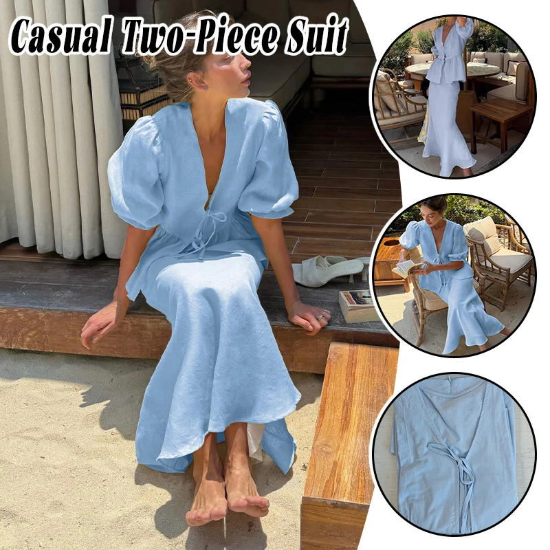 

Summer Women Two Piece Set Cotton V Neck Lace Up Blouse Long Skirt Casual Loose Bubble Sleeve Co-ord Outfits Holiday