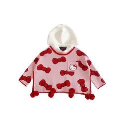 Hello Kitty Children's Fashion Three-dimensional Fur Ball Bow Cloak Coat Girls Cute Sweet Hooded Knit Sweater Cape Top