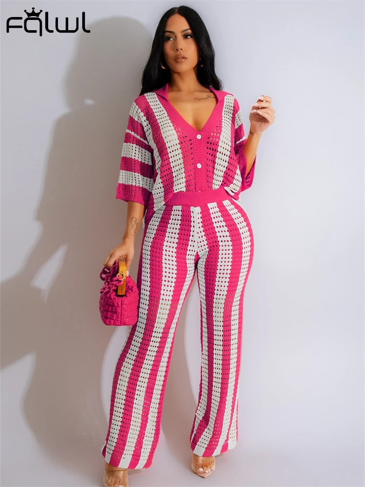 Habbris Summer Panelled Stripe Hollow Out Pants Set Vacation Casual For Woman 2024V-Neck Half Sleeve Cardigan And Wide Leg Pants