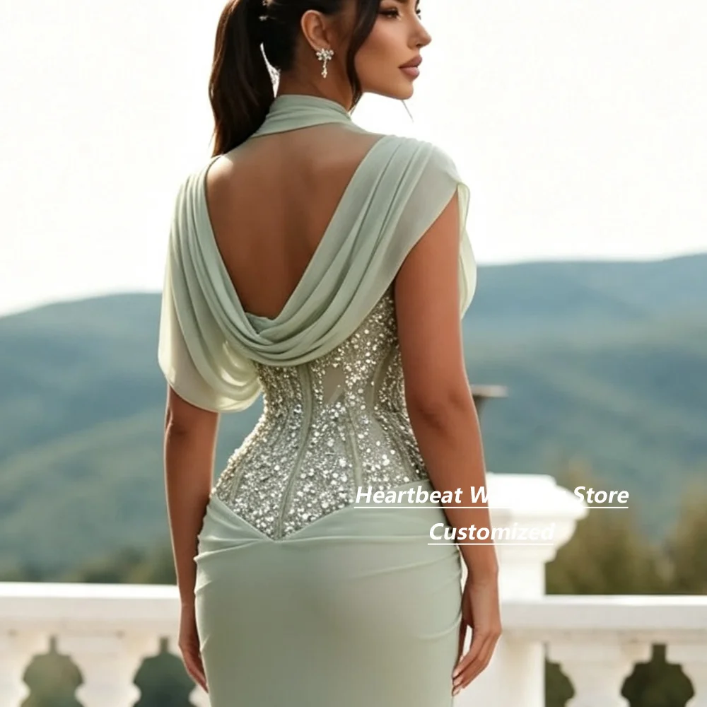 Customized Sage Green Chiffon Evening Dresses High Neck Draped Cape Sleeve Sparkly Rhinestone Corset Backless Mermaid Maxi Gown