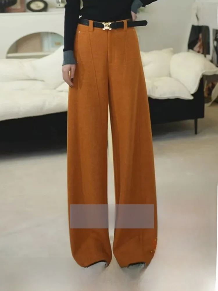 

Thickened Woolen Wide Leg Banana Pants Women's High Waist Straight Cut Pants Commute Style Pure Color Pocket Detail Pants