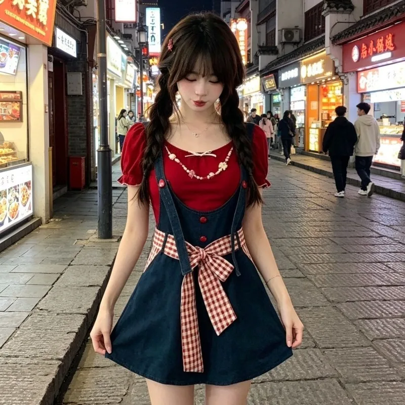 

Korean Sweet Cute Preppy Style Red T-Shirts Mini Plaid Skirts Two Piece Set Women Summer Short Sleeve Tops Dress Outfits 2026
