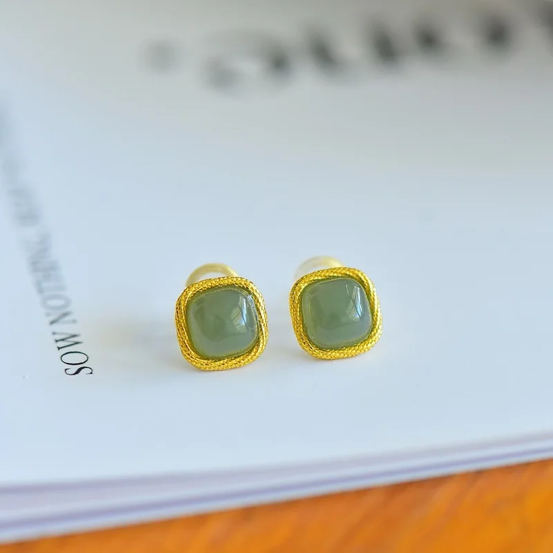 Hetian , green studs, moist and small cube , women's jade earrings