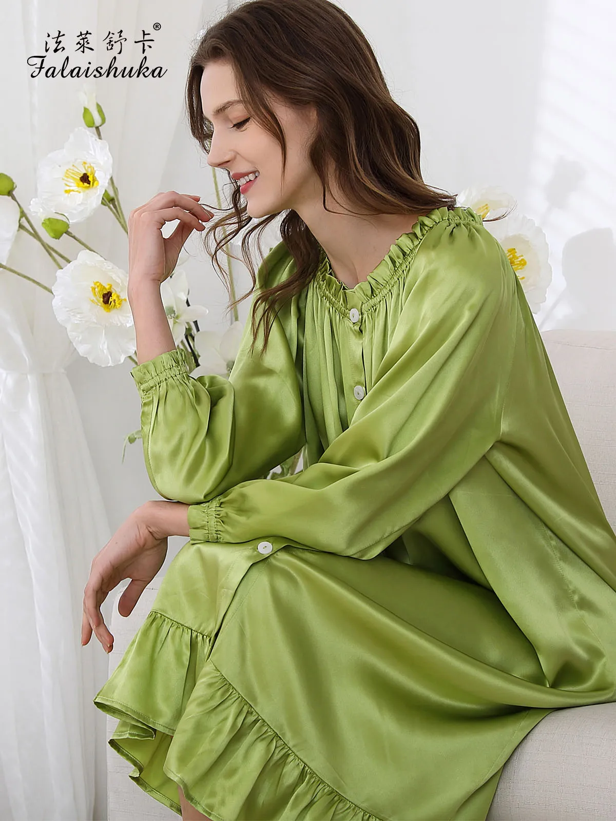 

19 momme 100% Natural silk nightgown women sweet green princess nightdress nightwears for ladies S5907