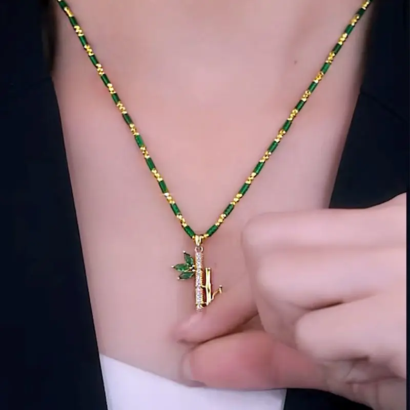 

Natural Malachite Stone Necklace Women's High-end Fashion Bamboo Pendant Autumn and Winter Accessories Gift for Mother Jewelry